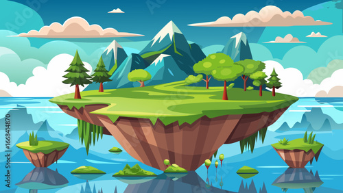 Vector art of floating island landscape with snowcapped mountains, lush greenery, and serene water, creating a picturesque scene for travel and adventure