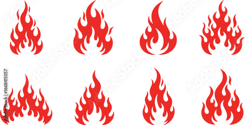 Collection of stylized fiery flames in various shapes and sizes