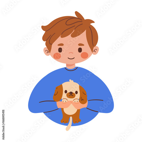 Boy hug dog. Young man hugging puppy with love, cozy relaxing friendship of man and pet, sketch with red hearts isolated on white background, vector illustration