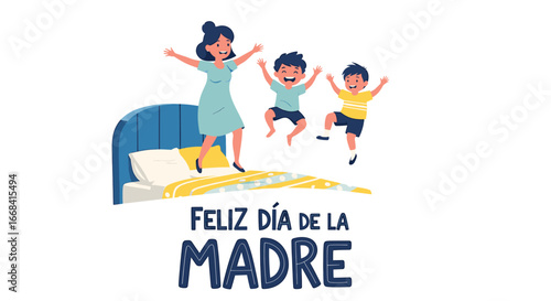 A mother and her two children joyfully jumping on a bed, celebrating.
