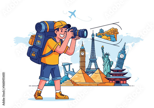 Cartoon traveler taking photos of world landmarks with a camera and a large backpack illustration