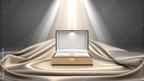 Elegant open luxury jewelry box mockup with soft glowing spotlights on satin fabric for premium product display