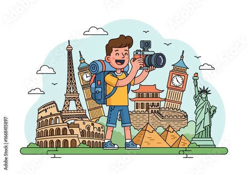 Cartoon traveler with backpack taking photos of world landmarks like eiffel tower and statue of liberty