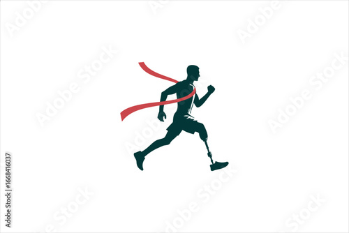 Flat vector silhouette illustration of a para-athlete with a prosthetic running blade crossing the finish line. The runner is in motion, breaking through a red ribbon, symbolizing victory.
