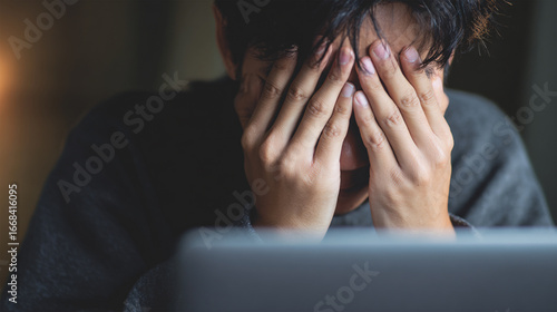 Korean male student stressed out in front of laptop