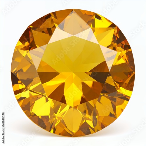 Radiant golden gemstone with intricate facets, showcasing warm hues and luminosity on white background