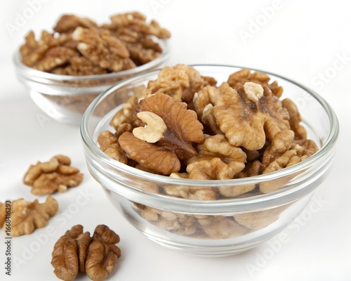 Whole unsalted walnuts piled high in glass bowl
