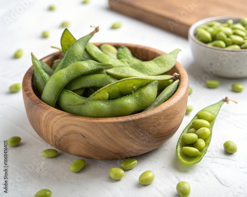 A wooden bowl filled with fresh green edamame pods