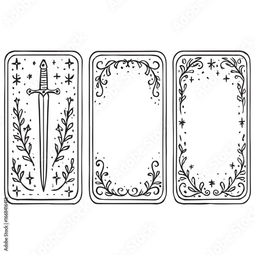 Tarot card frame set, vector hand drawn doodle fantasy border, spiritual mystic game vector