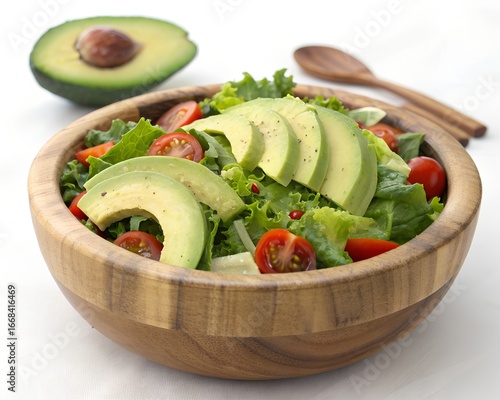 Fresh Green Salad with Avocado and Tomato on Wooden Table on white background 