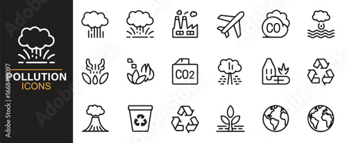Collection of pollution icons for environment, global warming, and sustainability projects.
