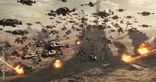 Futuristic battle scene with drones over a war-torn city