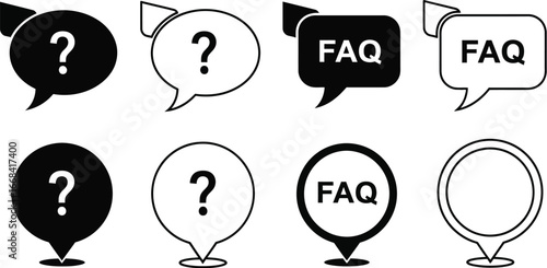 Collection of question mark and FAQ icons in speech bubbles and location pins