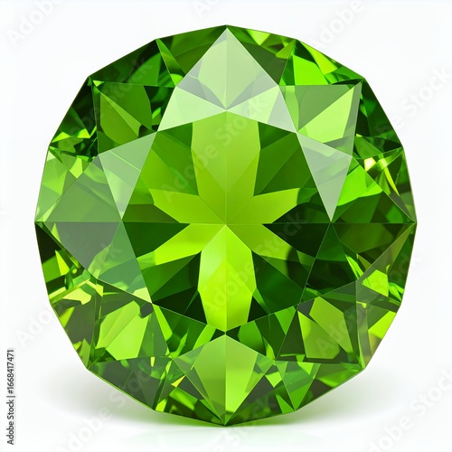 Radiant verdant gemstone exquisitely cut displaying brilliant facets and luster on white background