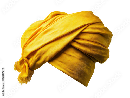 Vibrant yellow turban draped elegantly against black background