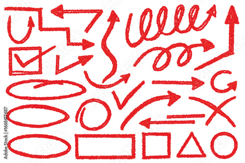 Red grunge pencil various arrows, Set chalked oval arrow brush and icons elements. Check marks, doodle arrow stock vector marker drawing, Collection hand drawn arrow charcoal paint symbols diagrams.
