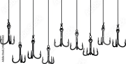 Multiple sharp fishing hooks suspended on thin lines against a white background
