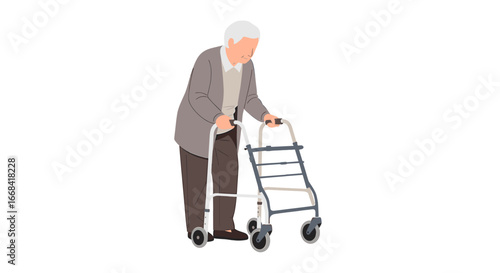 Elderly man using a walker, carefully navigating, maintaining balance, showing age and mobility.