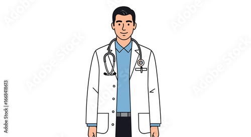 Smiling male doctor in a white coat, stethoscope around his neck, ready to help patients.
