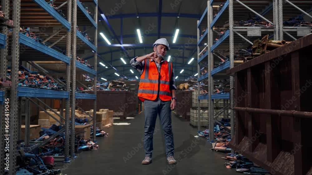 Full Body Of Asian Male Engineer With Safety Helmet Showing Thumbs Down Gesture And Shaking His Head While Standing, Industrial Scrap Metal and Recycling Warehouse Full Body Of Asian Male Engineer With Safety Helmet Showing Thumbs Down Gesture And Shaking His Head While Standing, Industrial Scrap Metal and Recycling Warehouse