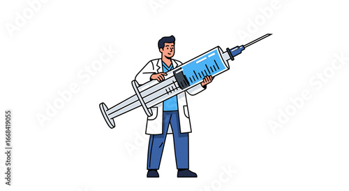 Cartoon doctor holding a giant syringe filled with blue liquid, smiling and ready to administer a shot.