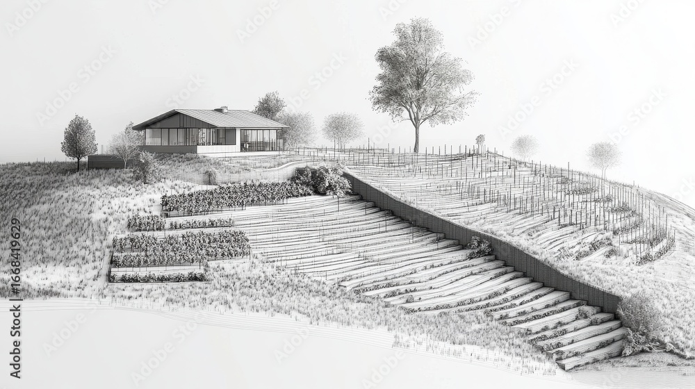 Fototapeta premium Cross-section 3D blueprint of a terraced hillside vineyard with integrated rainwater harvesting and erosion control system.