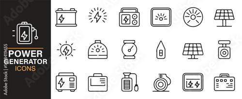 Minimalist icon set of power devices, meters, sockets, and solar equipment.