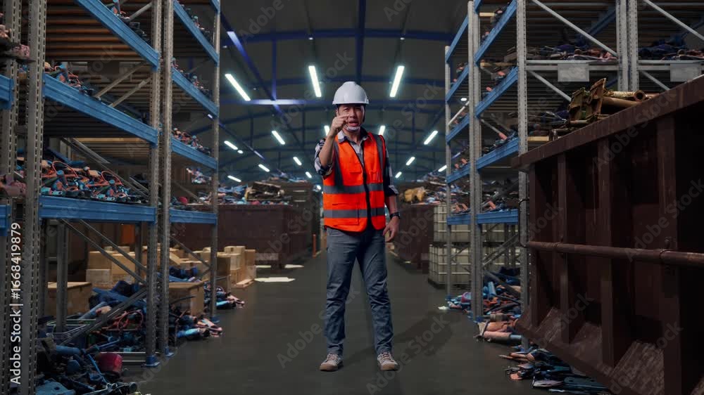 Full Body Of Angry Asian Male Engineer With Safety Helmet Shouting At Someone While Standing, Industrial Scrap Metal and Recycling Warehouse