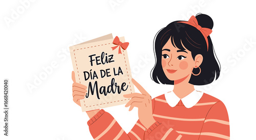 A woman holds a card that says "Feliz Día de la Madre" (Happy Mother's Day) in Spanish.
