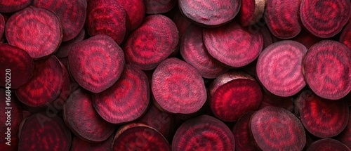 Vibrant beetroot slices creating geometric pattern with deep crimson color palette