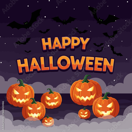 Happy Halloween Night Pumpkins Bats