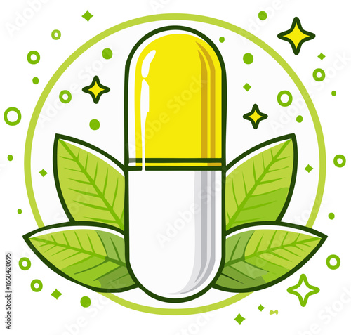 Capsule with green leaves and stars in a circle, herbal medicine concept