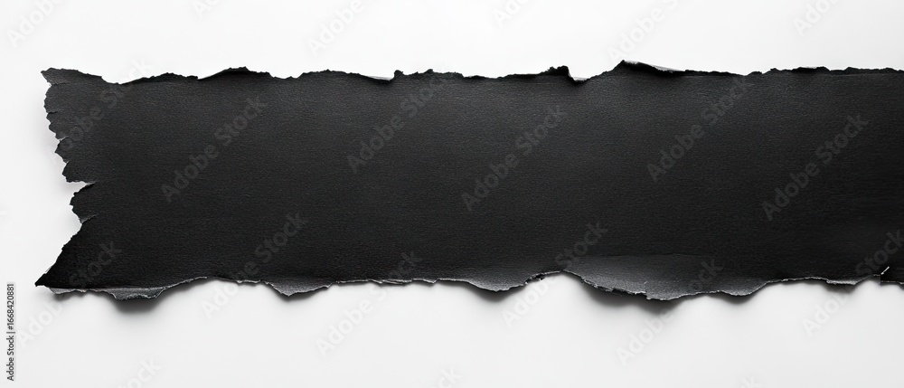 Fototapeta premium Ragged black paper fragment ripping across pure white surface, exposing blank textural space