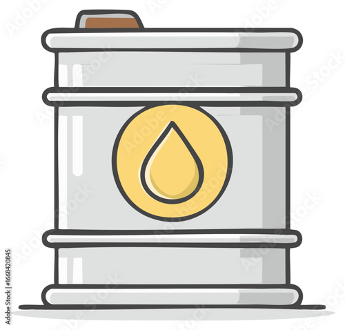 Cartoon style oil barrel illustration with yellow drop inside circle on grey background.