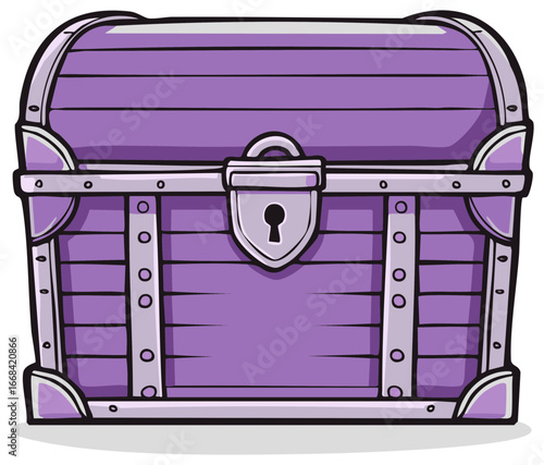 Cartoon Style Purple Wooden Treasure Chest with Metal Accents and Lock Detail, Vector Illustration