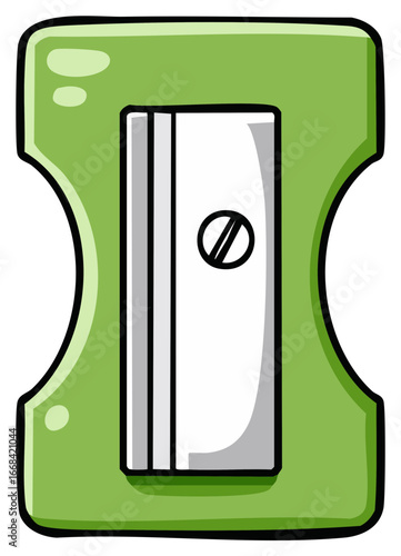 Cute green pencil sharpener with hand drawn cartoon style illustration