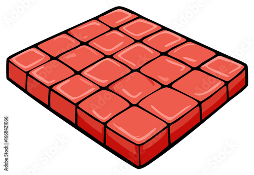 Cartoon illustration of a square block of shiny diced red meat or ground beef in an isometric view