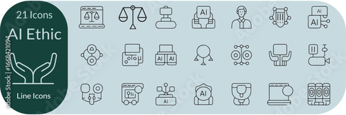 Ai ethics line editable icons set. Containing fairness, transparency, guidelines, artificial intelligence, ethical dilemma, explainable AI, and more. editable stroke. vector 