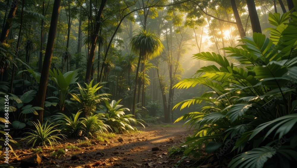 Fototapeta premium Sunlight Filtering Through Lush Green Trees in a Serene Forest Path at Morning