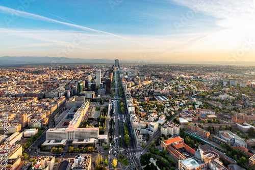 Panoramic aerial view of Madrid city skyline, Spain