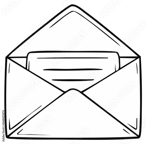 A simple hand drawn line art illustration of an open envelope with a letter