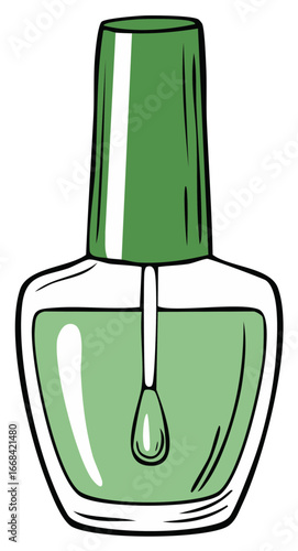 Green nail polish bottle illustration with a drop, nailcare and beauty concept.