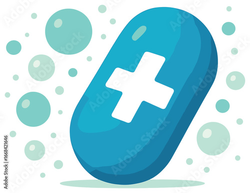Blue wellness pill vector: tranquility, health, wellbeing, balance, healthcare concept