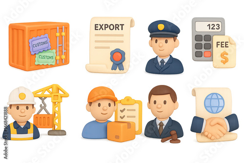 3d business and export icons featuring customs, shipping, and finance