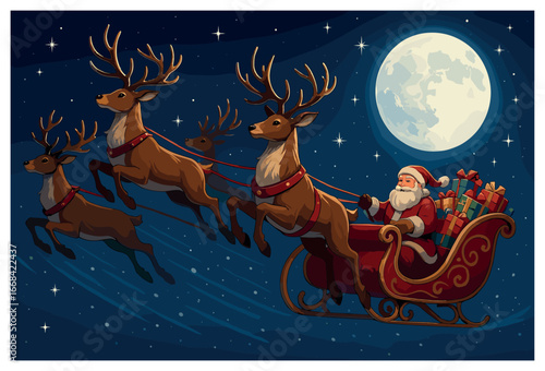 Reindeer sleigh flight vector: christmas magic, santa's journey, festive holiday night scene