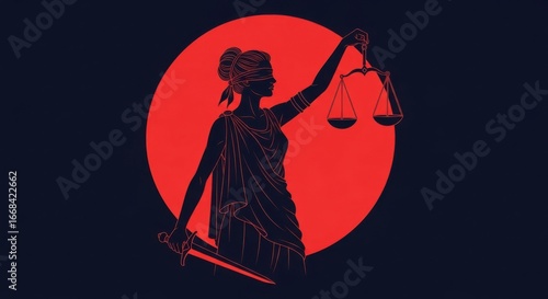 Lady justice with scales and sword against a red circle background