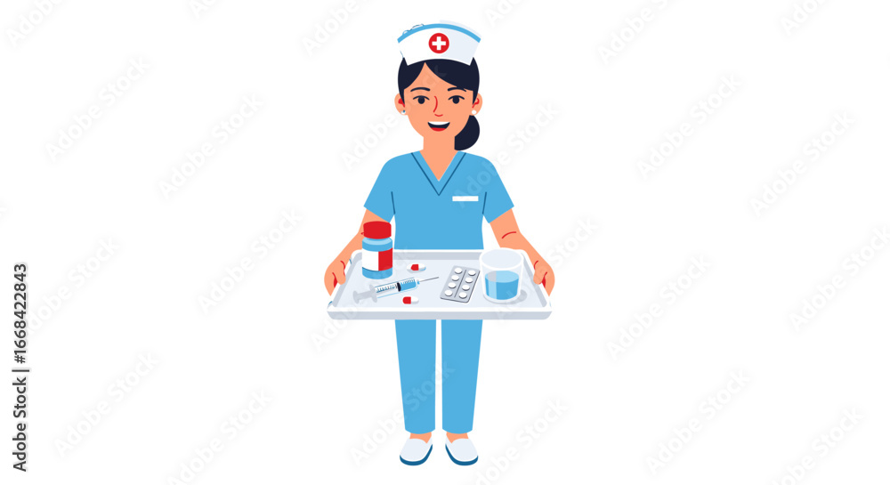 Fototapeta premium Smiling female nurse holds a medical tray with medication and supplies.