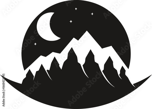 Serene moonlit mountain silhouette vector art for outdoor adventure graphics