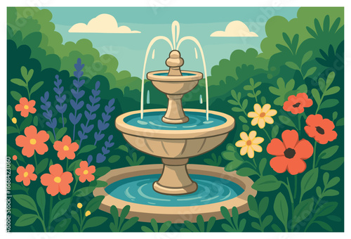 Tranquil garden fountain vector: serene outdoor decoration for peaceful landscapes