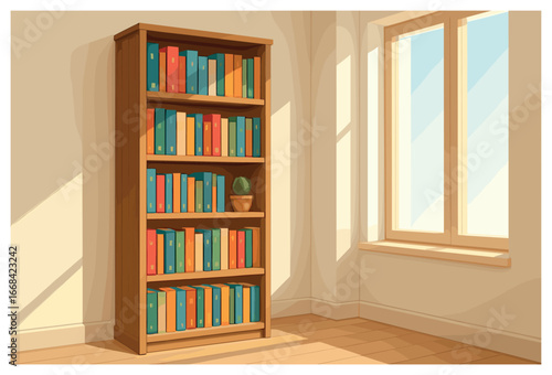 Bookshelf illustration vector with cactus – minimalist room decor and interior design theme